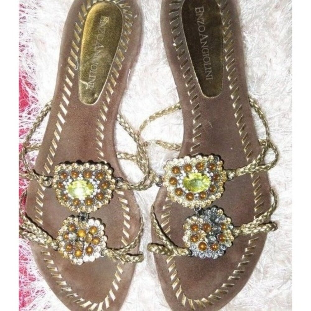 Enzo Angiolini Embellished Jeweled Italian Leather Braided Sandals Flats sz 6.5